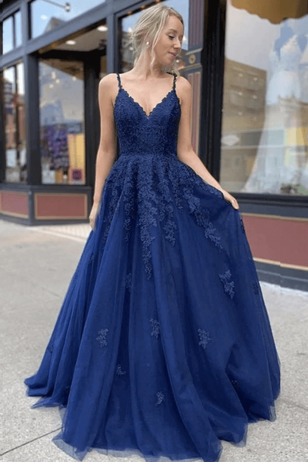 Tulle Lace A-line V-neck Prom Dresses, Long Formal Dresses - VelvetHem