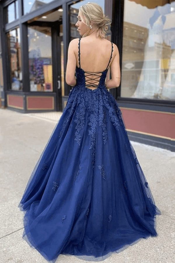 Tulle Lace A-line V-neck Prom Dresses, Long Formal Dresses - View 3 | VelvetHem