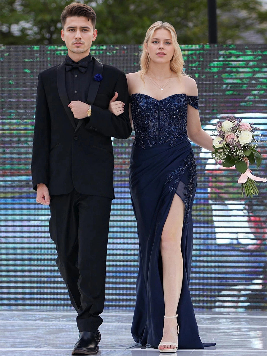 Navy Off-the-Shoulder Intricate Beading Prom Dress with High Slit