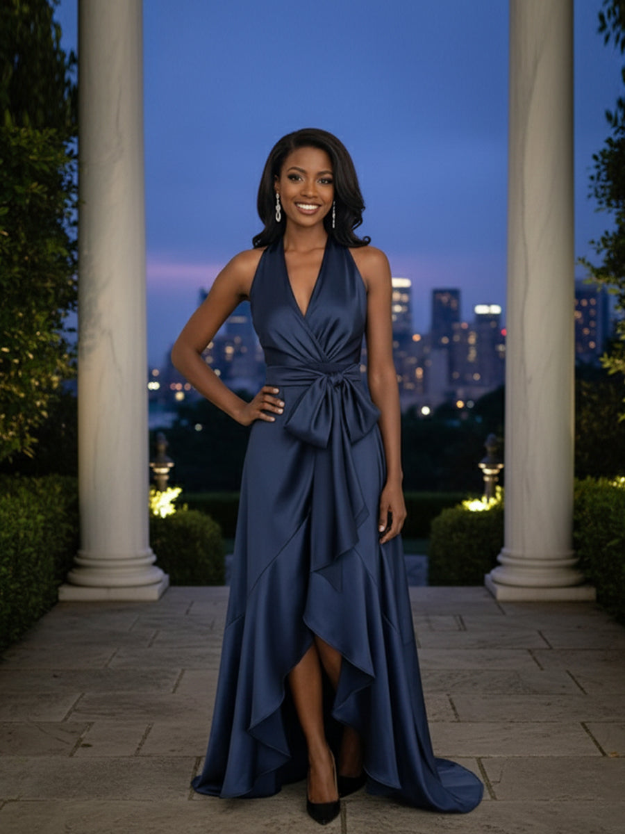Navy Satin Halter Gown with High-Low Ruffle Skirt