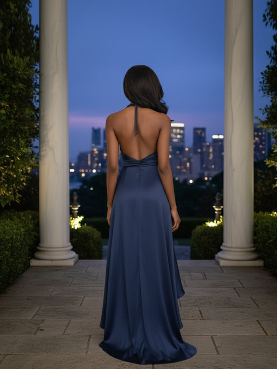 Navy Satin Halter Gown with High-Low Ruffle Skirt