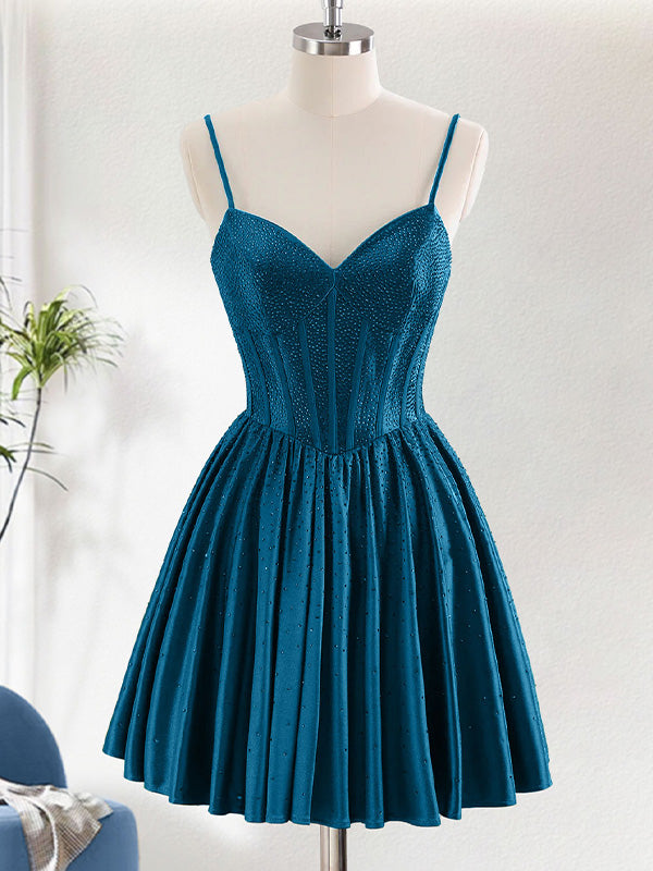 A-Line Spaghetti Straps Corset Pleated Homecoming Dress - FashionDia