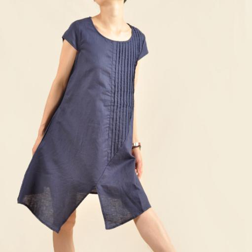 Navy Asymmetric sundress plus size cotton summer dresses