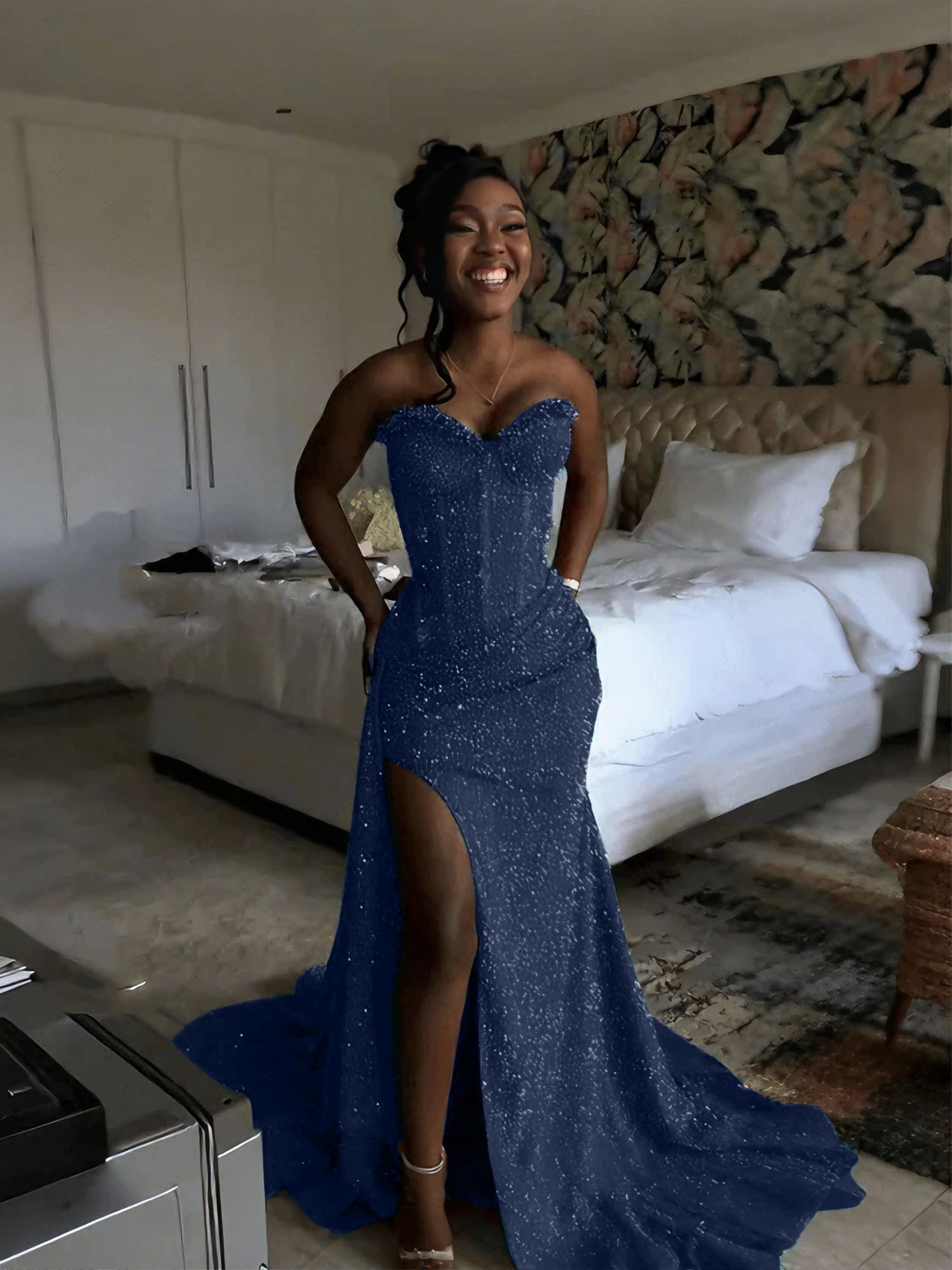 Glitter Strapless Mermaid Sequined Long Prom Dress with Slit