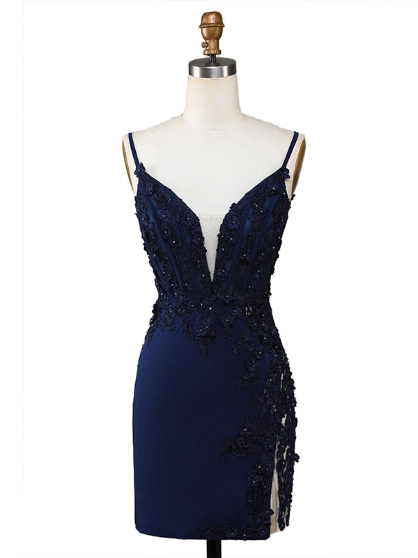 Spaghetti Straps Appliques Bodycon Short Homecoming Dress