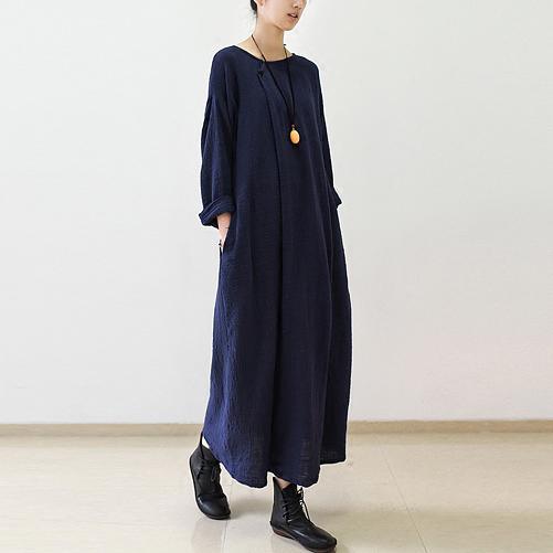 Navy oversize long sleeve linen dress plus size linen maxi dresses caftans