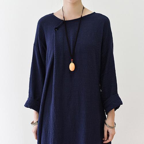 Navy oversize long sleeve linen dress plus size linen maxi dresses caftans