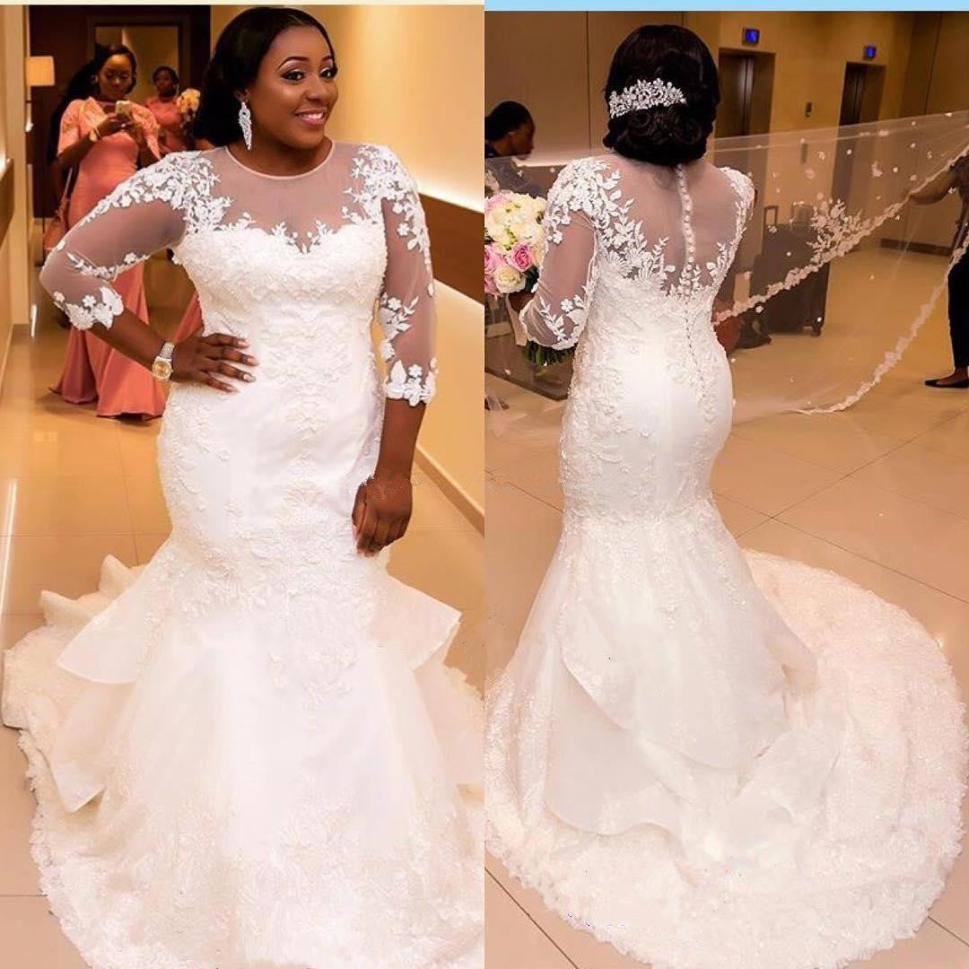 New Appliques Sheer Scoop Mermaid Lace Tulle Half-Sleeve Wedding Dresses BA3984
