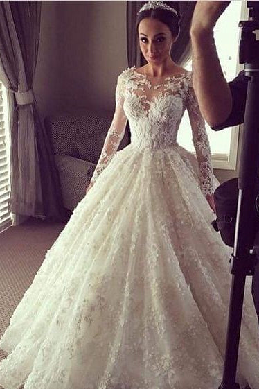 New Arrival Ball Gown Princess Dress Long Sleeve 3D Lace Wedding Dress  BA2810