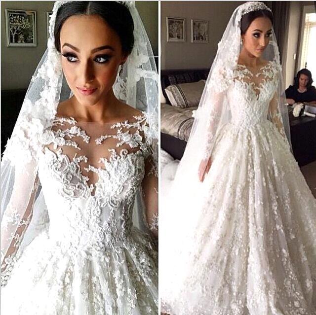 New Arrival Ball Gown Princess Dress Long Sleeve 3D Lace Wedding Dress  BA2810