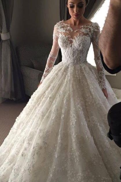 New Arrival Ball Gown Princess Dress Long Sleeve 3D Lace Wedding Dress  BA2810
