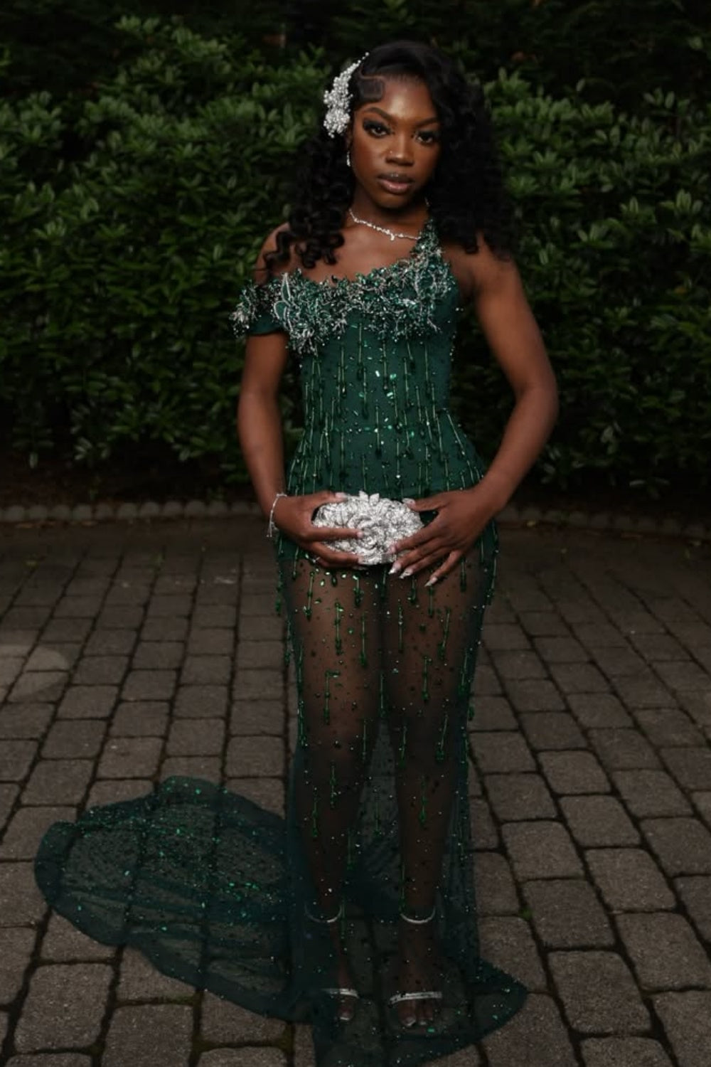 New Arrival Dark Green Sparkle Beads Mermaid Court Train Mermaid Prom Dresses