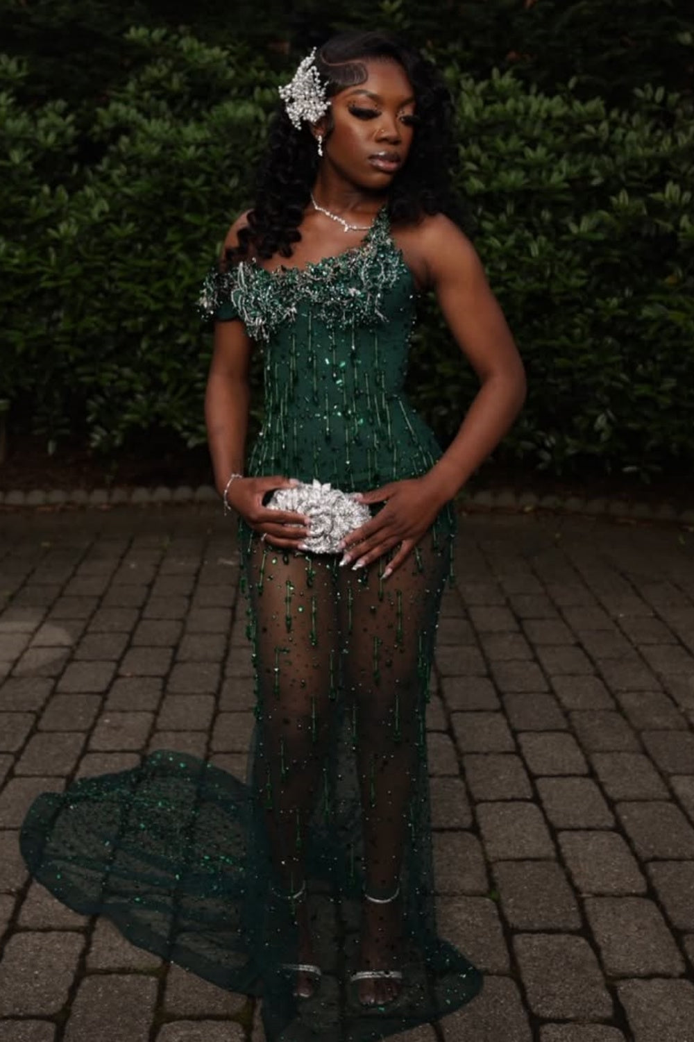 New Arrival Dark Green Sparkle Beads Mermaid Court Train Mermaid Prom Dresses