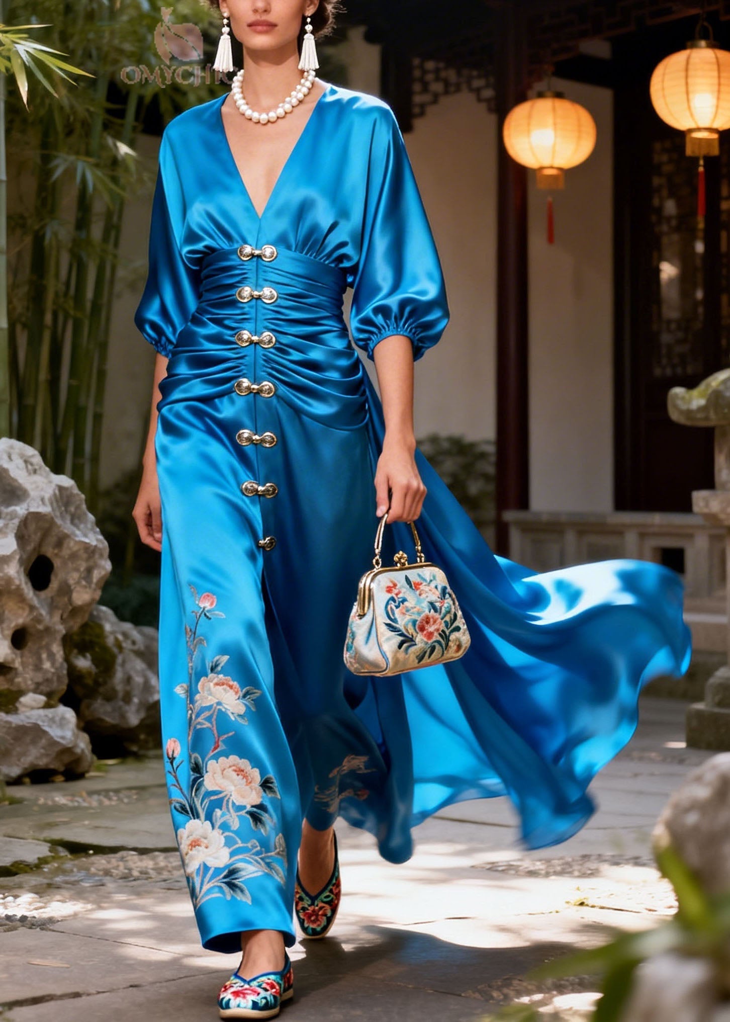 New Blue V Neck Print Patchwork Silk Dresses Summer