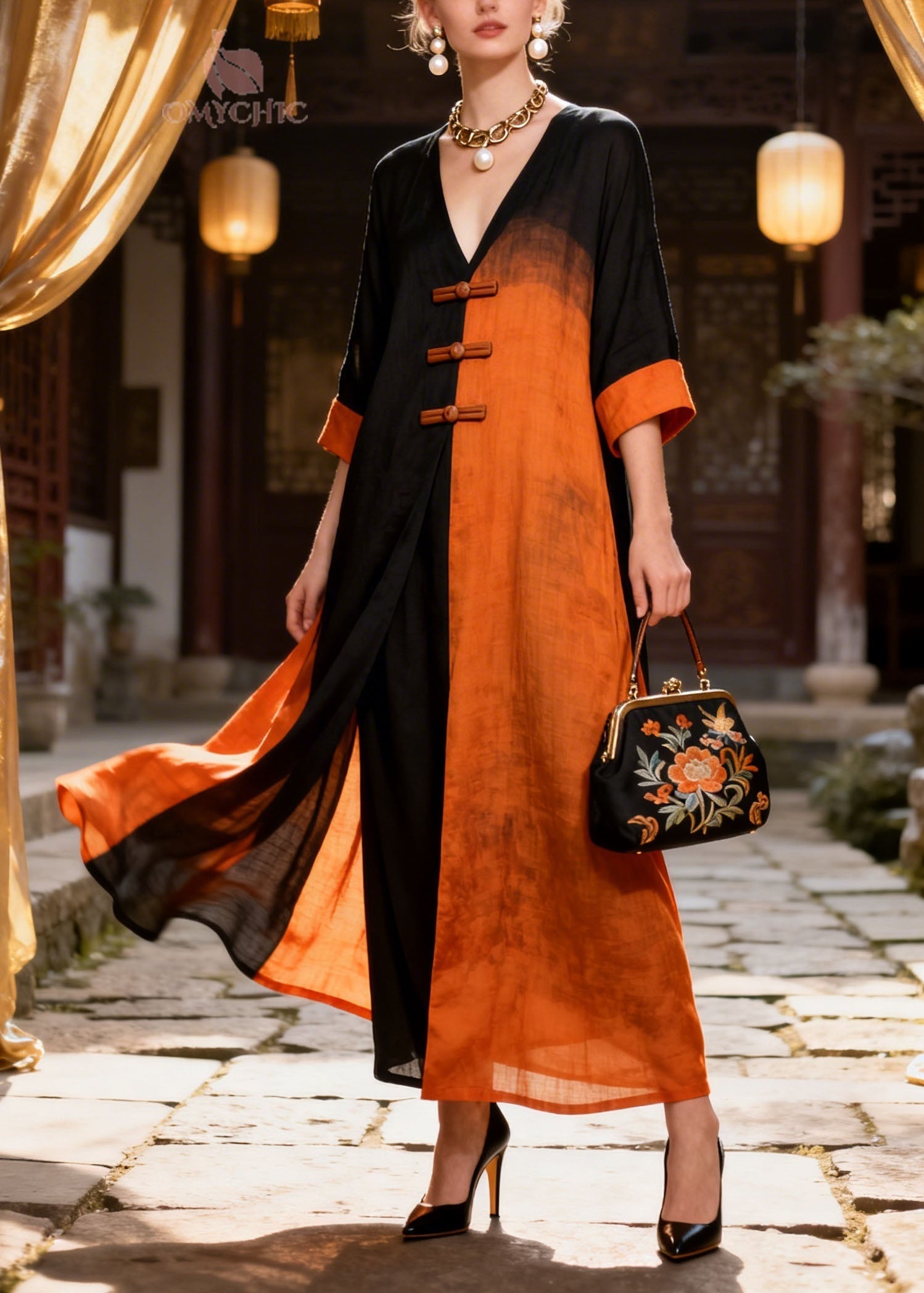 New Colorblock V Neck Oriental Button Patchwork Cotton Long Dresses Summer