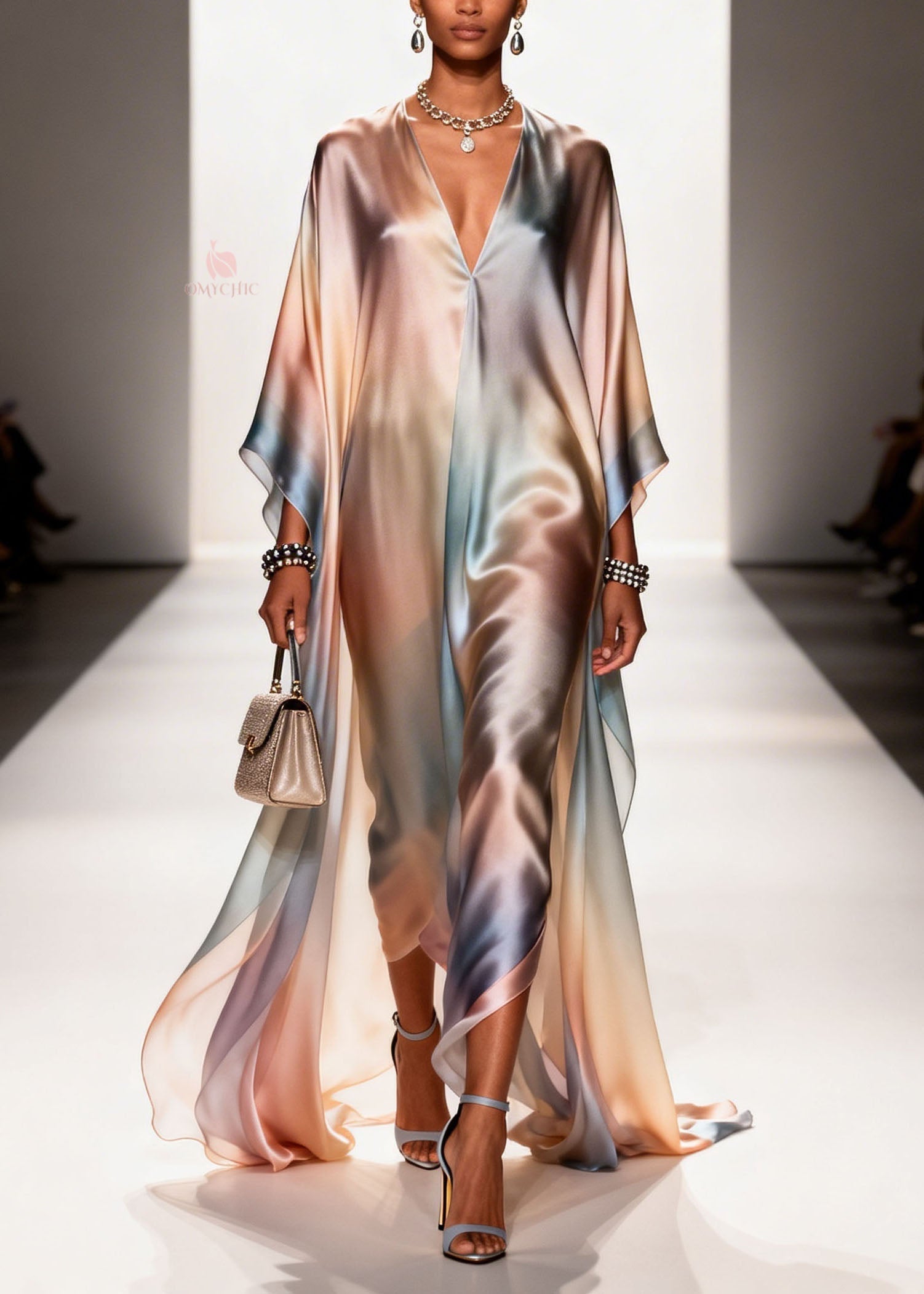 New Gradient Color V Neck Plus Size Chiffon Long Dress Summer