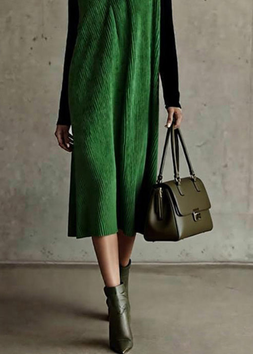 New Green O Neck Corduroy Dress Sleeveless