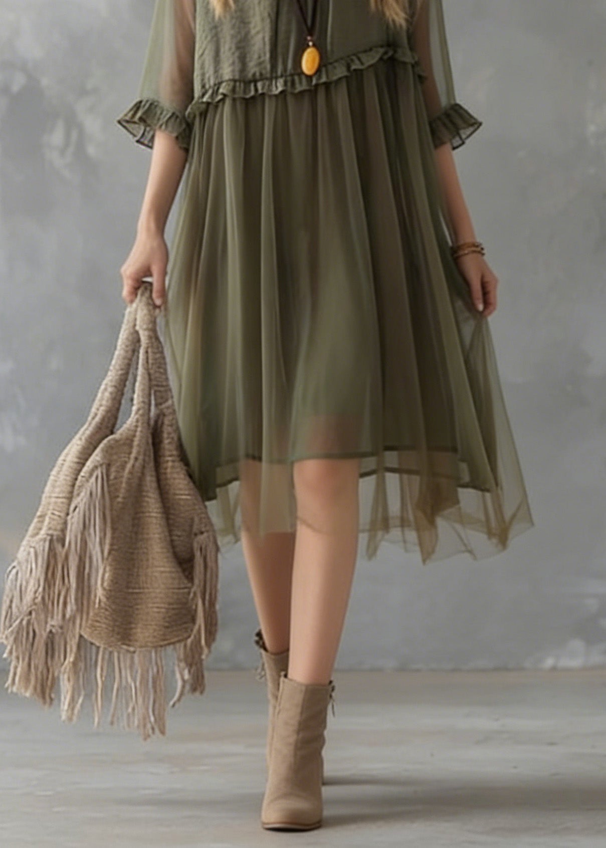 New Green Ruffled Tulle Patchwork Chiffon Dresses Summer