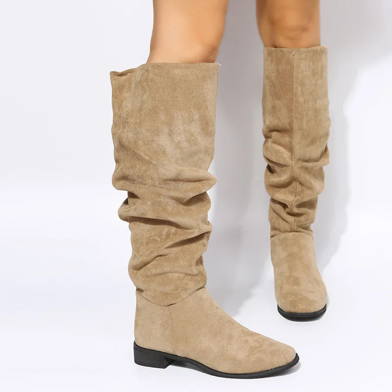 New Quality Pleated Faux Suede Flock Flat Autumn Winter Dress Knee High Boots - View 5 | VelvetHem
