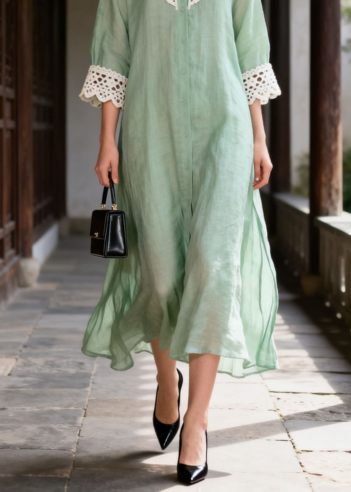New Light Green Peter Pan Collar Lace Patchwork Cotton Dress Summer