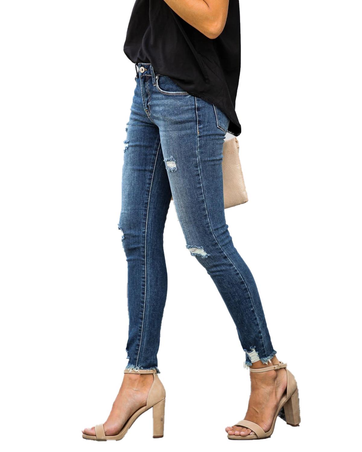 Waist Skinny Jeans Vintage Distressed Denim Holes Destroyed Pencil Pants