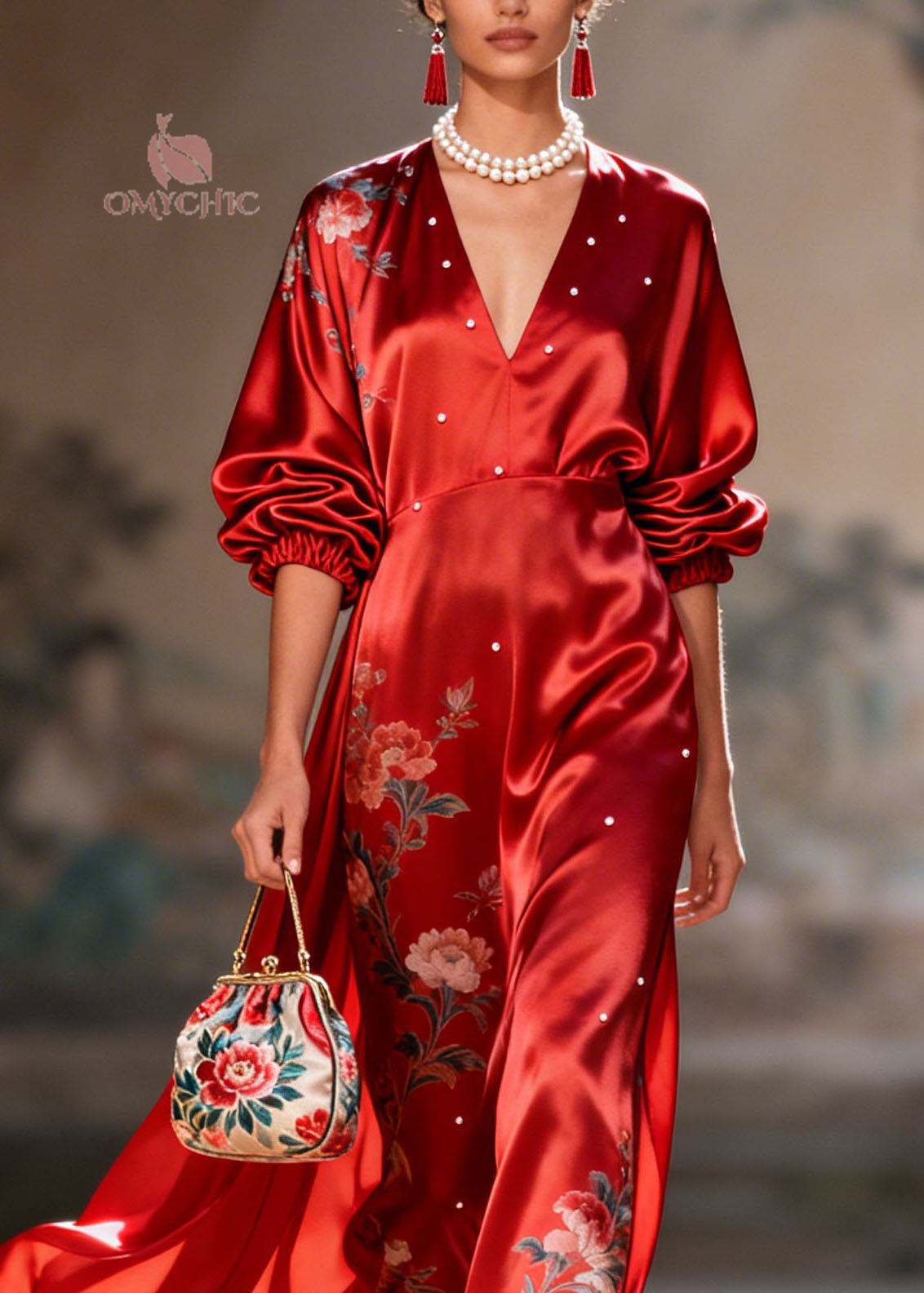 New Red V Neck Print Pearl Silk Long Dress Summer