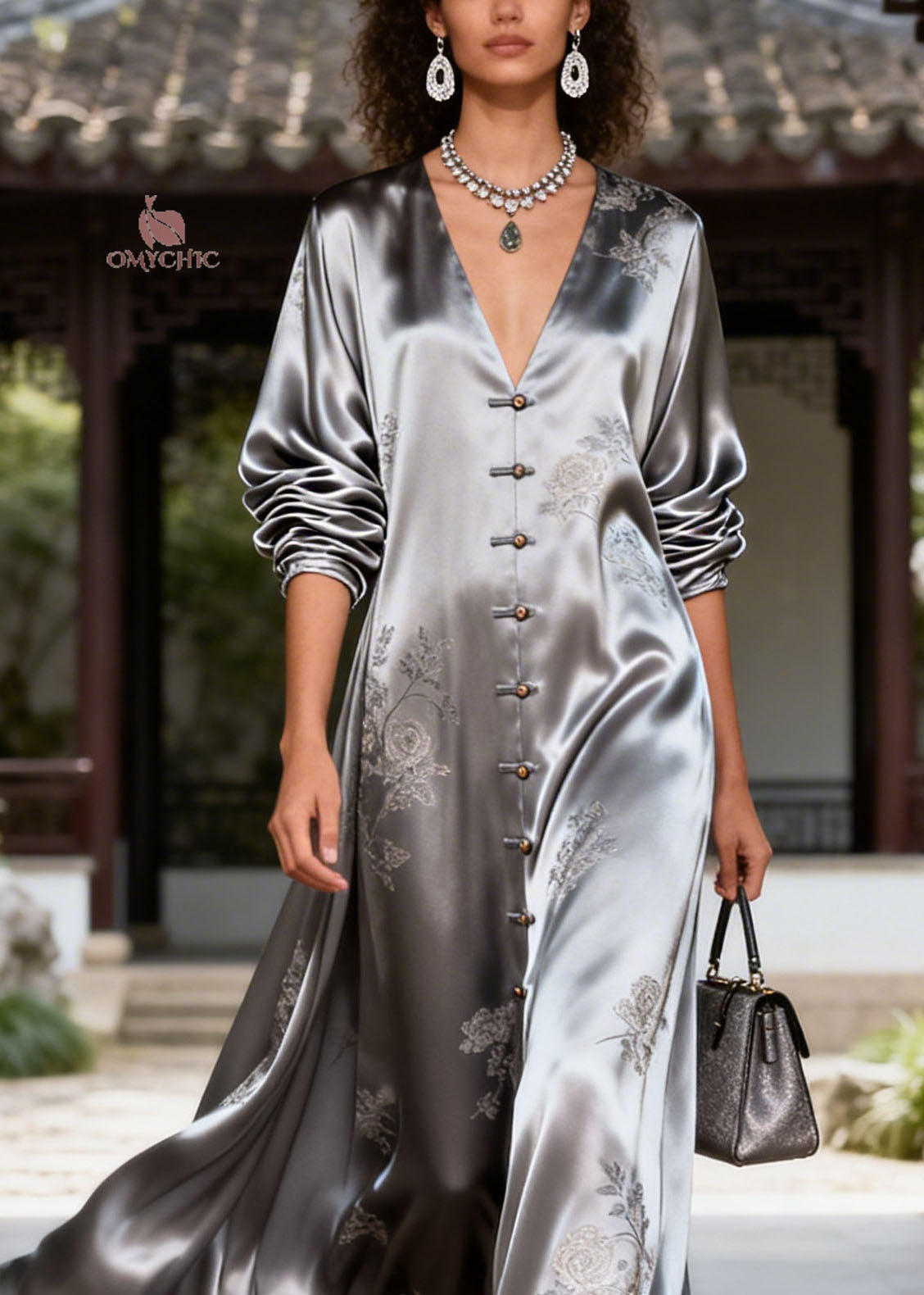New Retro Grey V Neck Jacquard Silk Dress Summer
