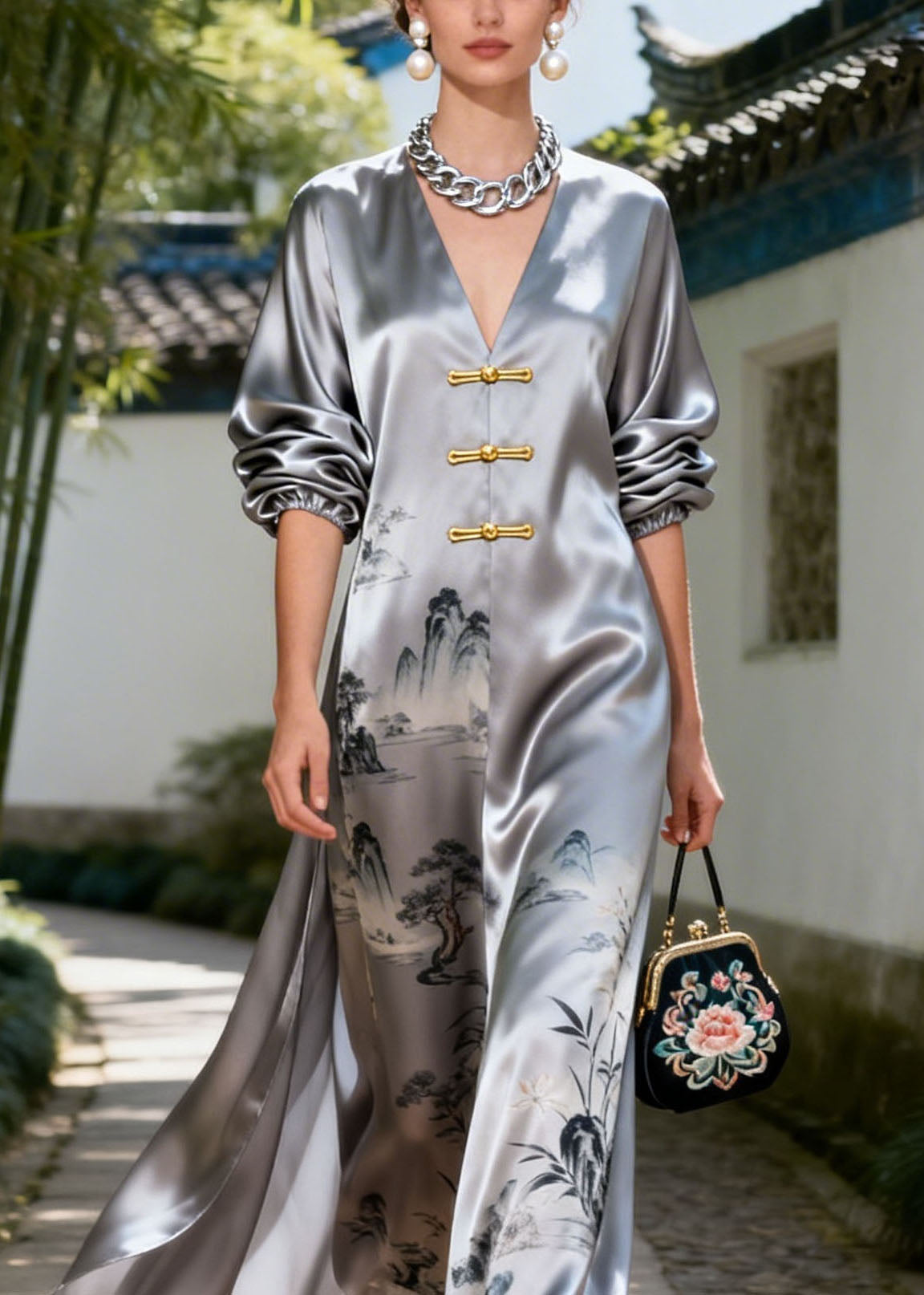 New Retro Grey V Neck Print Silk Long Dresses Summer