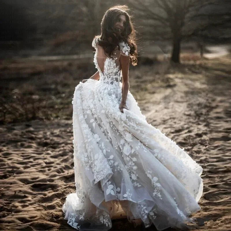 New Romantic Boho Country Wedding Dresses With 3D Flowers Sexy V-Neck Illusion Arabic Bridal Wedding Gowns (ZD14031)