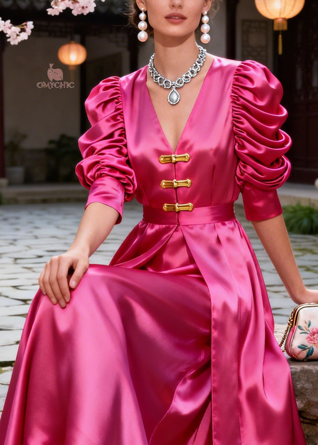 New Rose V Neck Puff Sleeve Wrinkled Patchwork Silk Dress