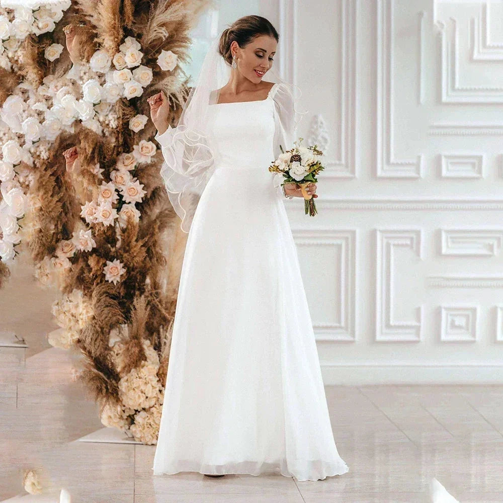 New Simple Wedding Dress 2022 A Line Square Collar Long Sleeve Floor Length Beach Bridal Gowns Eleagnt Vestidos De Novia Civil (ZD13526)