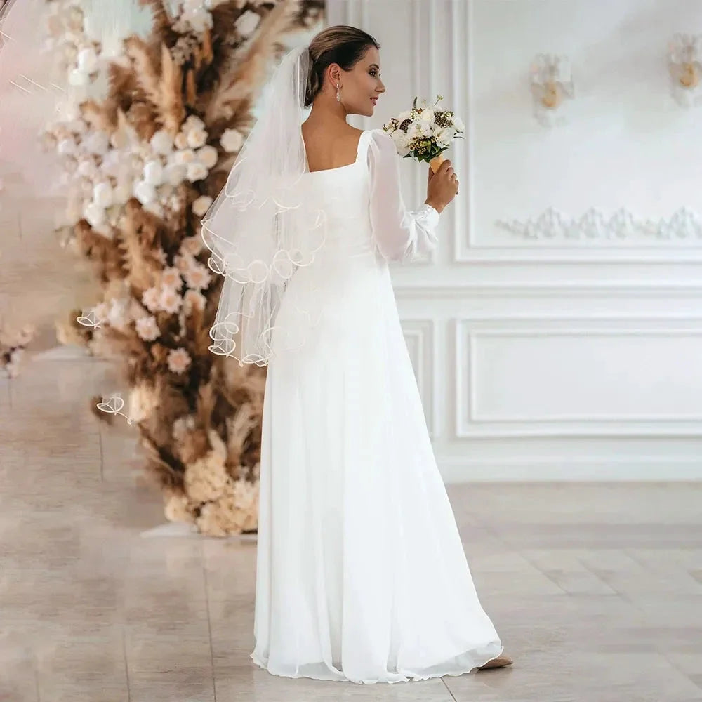 New Simple Wedding Dress 2022 A Line Square Collar Long Sleeve Floor Length Beach Bridal Gowns Eleagnt Vestidos De Novia Civil (ZD13526)