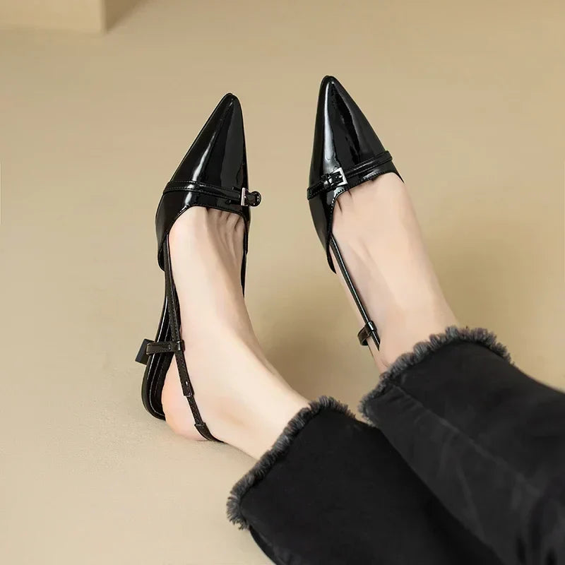 New Summer Dress Shoes Pointed Toe Buckle Slingbacks Patent Leather Slip on Low Heel Pumps - View 3 | VelvetHem
