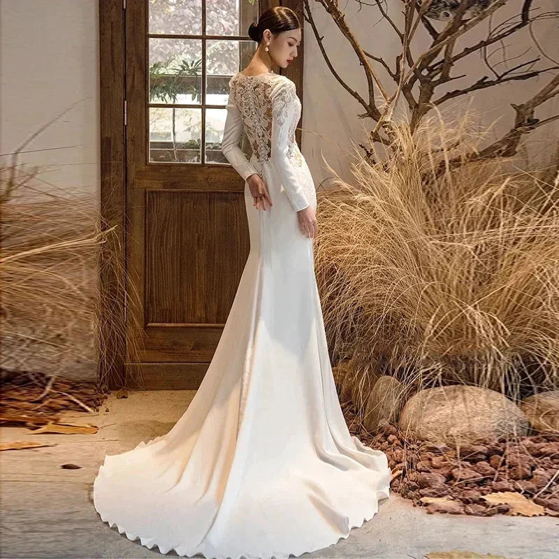 New White V-neck Mermaid Lace Real Photo 2023 Satin Wedding Dress Korean Style Zipper Wedding Gowns (ZD13377)