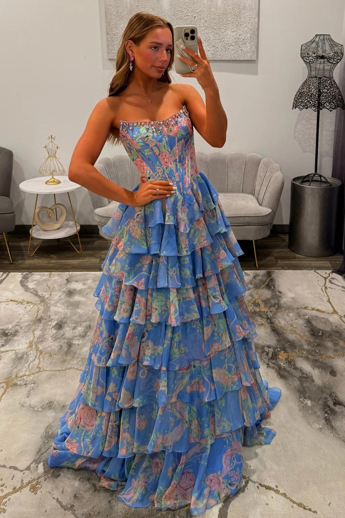 Glamorous A Line Floral Print Strapless Tiered Prom Dress with Fitted Corset