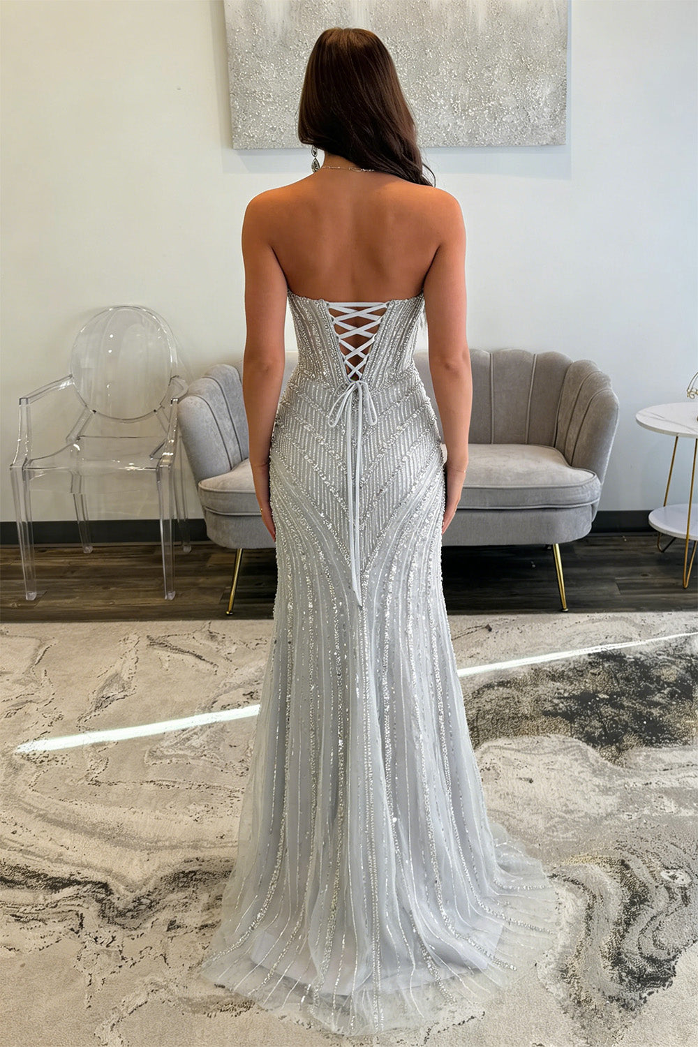 Charming Mermaid Sweetheart Silver Corset Prom Dress with Beading