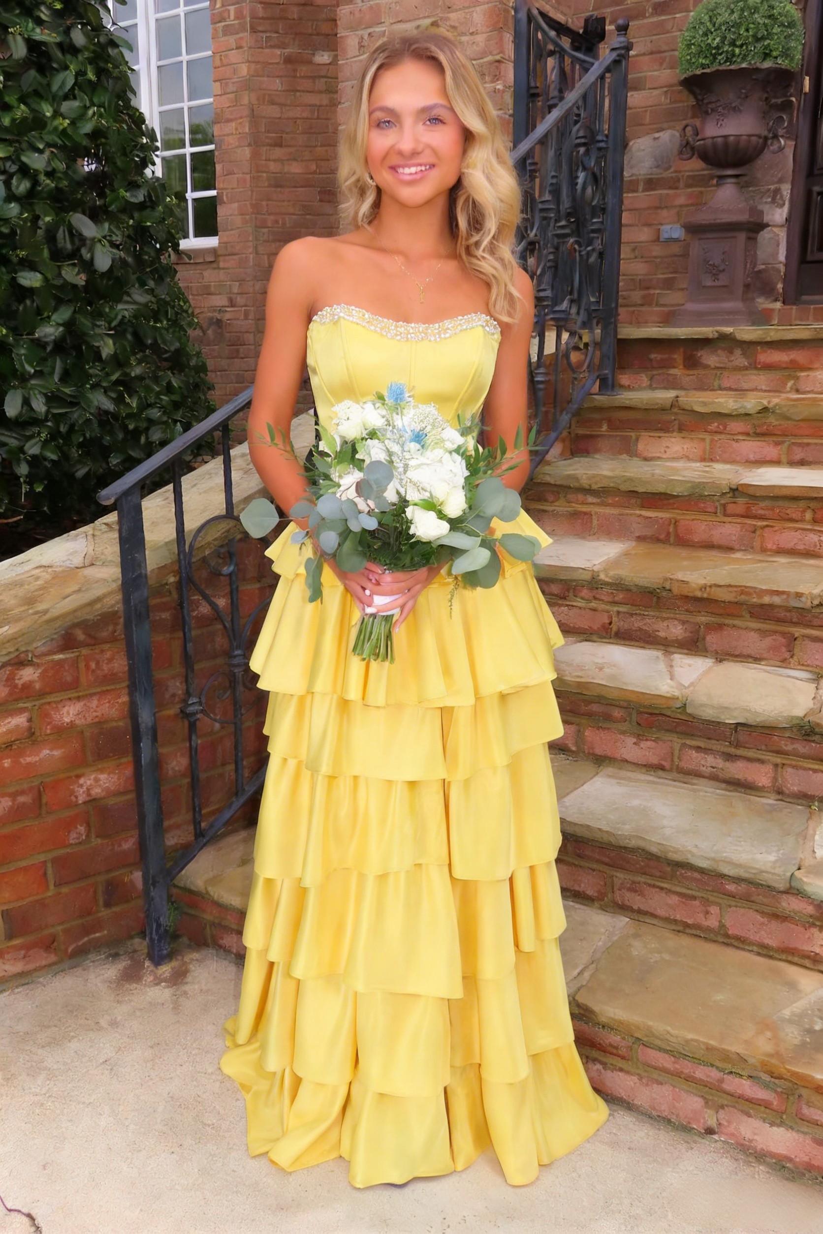 Sweety A Line Strapless Yellow Satin Prom Ball Gown with Tiered Ruffle