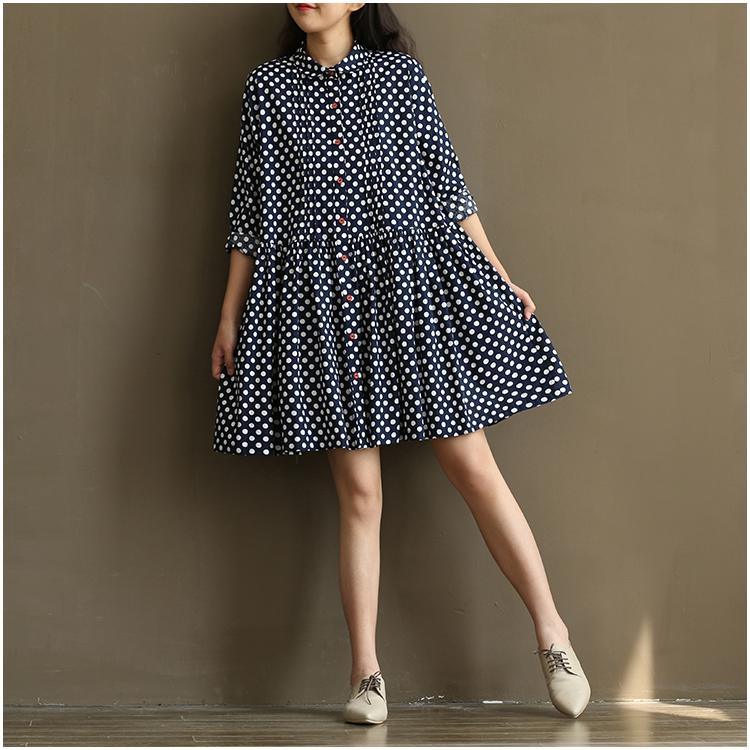 New blue dotted sundress plus size cotton summer dresses navy
