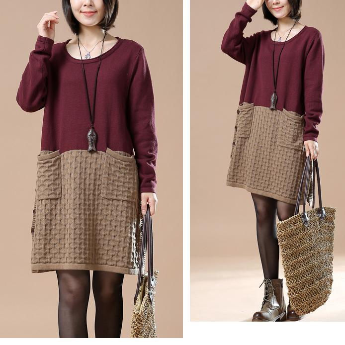 New pattern knit burgundy sweaters oversize dresses