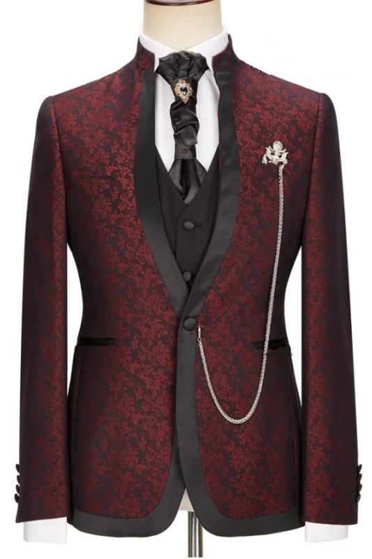 Newest Burgundy Jacquard Shawl Lapel 3 Piece Wedding Suit