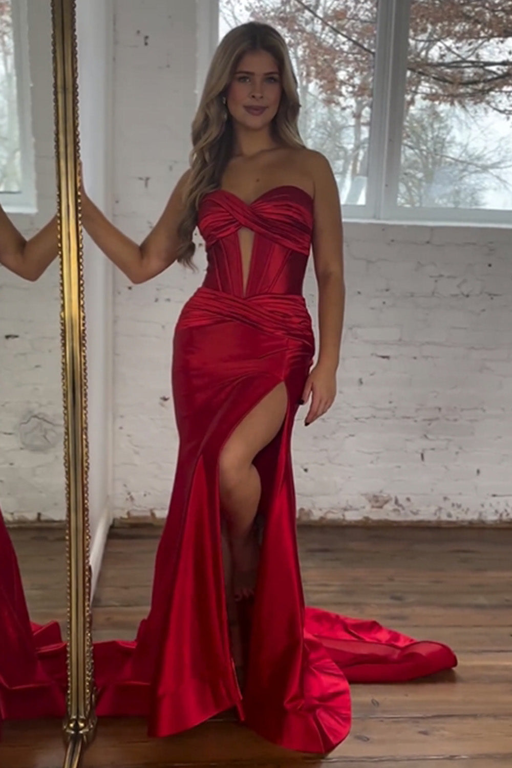 Satin Mermaid Strapless Long Prom Dress With Split