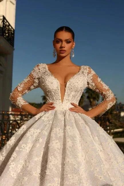 Noble sweetheart 3/4 length sleeves ball gown lace wedding dress rhinestones (ZD16502)