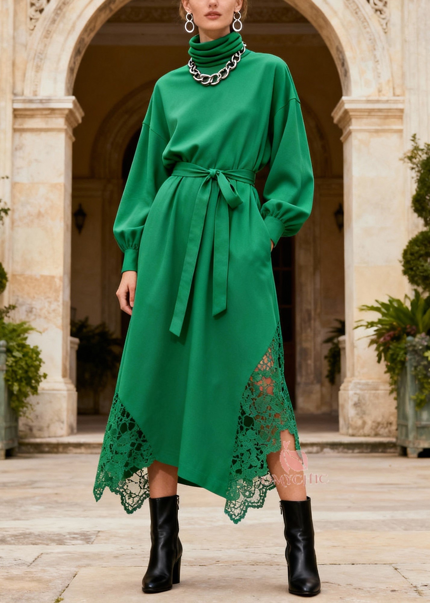Novelty Green Turtleneck Patchwork Pockets Maxi Dresses Lantern Sleeve
