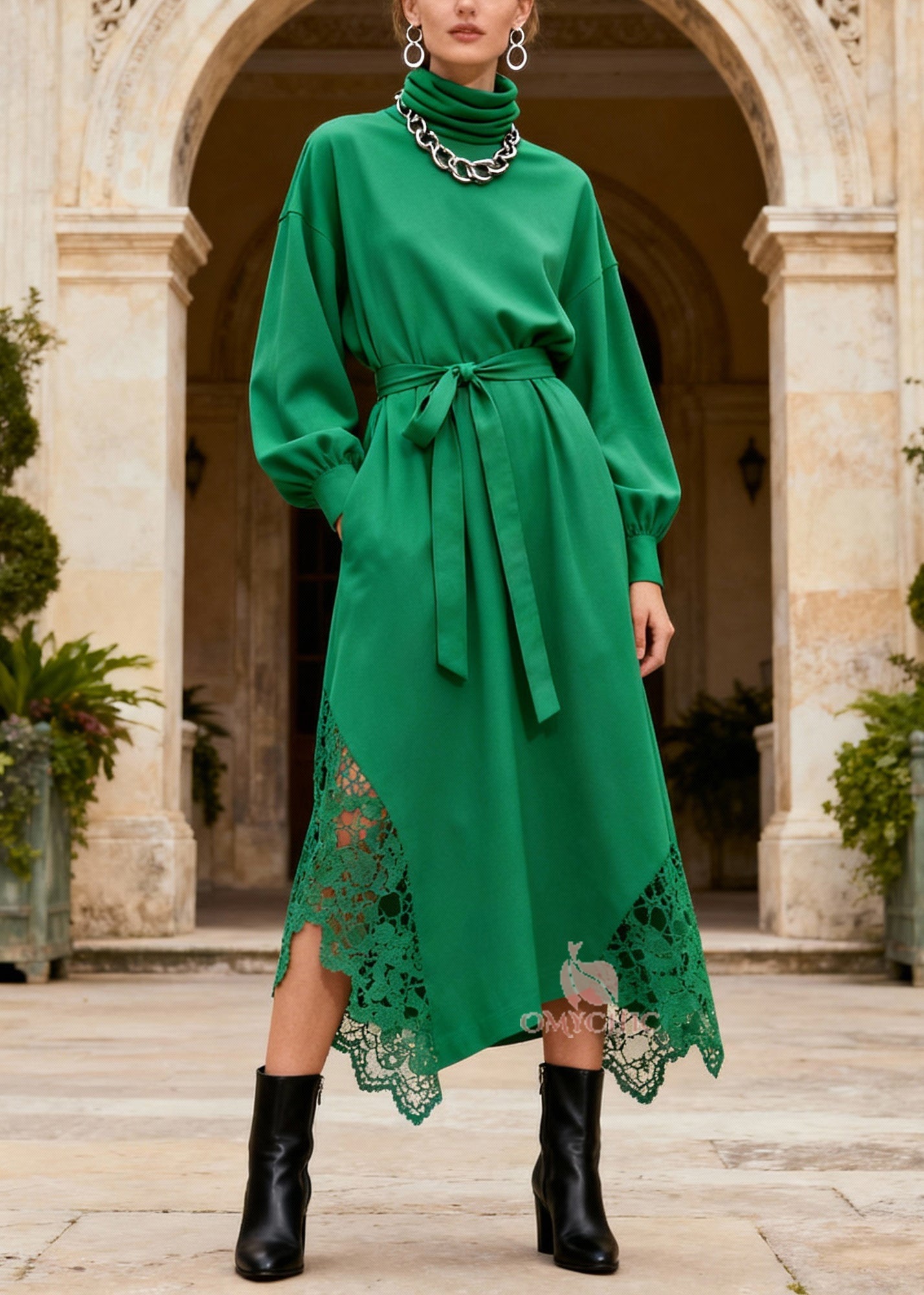 Novelty Green Turtleneck Patchwork Pockets Maxi Dresses Lantern Sleeve