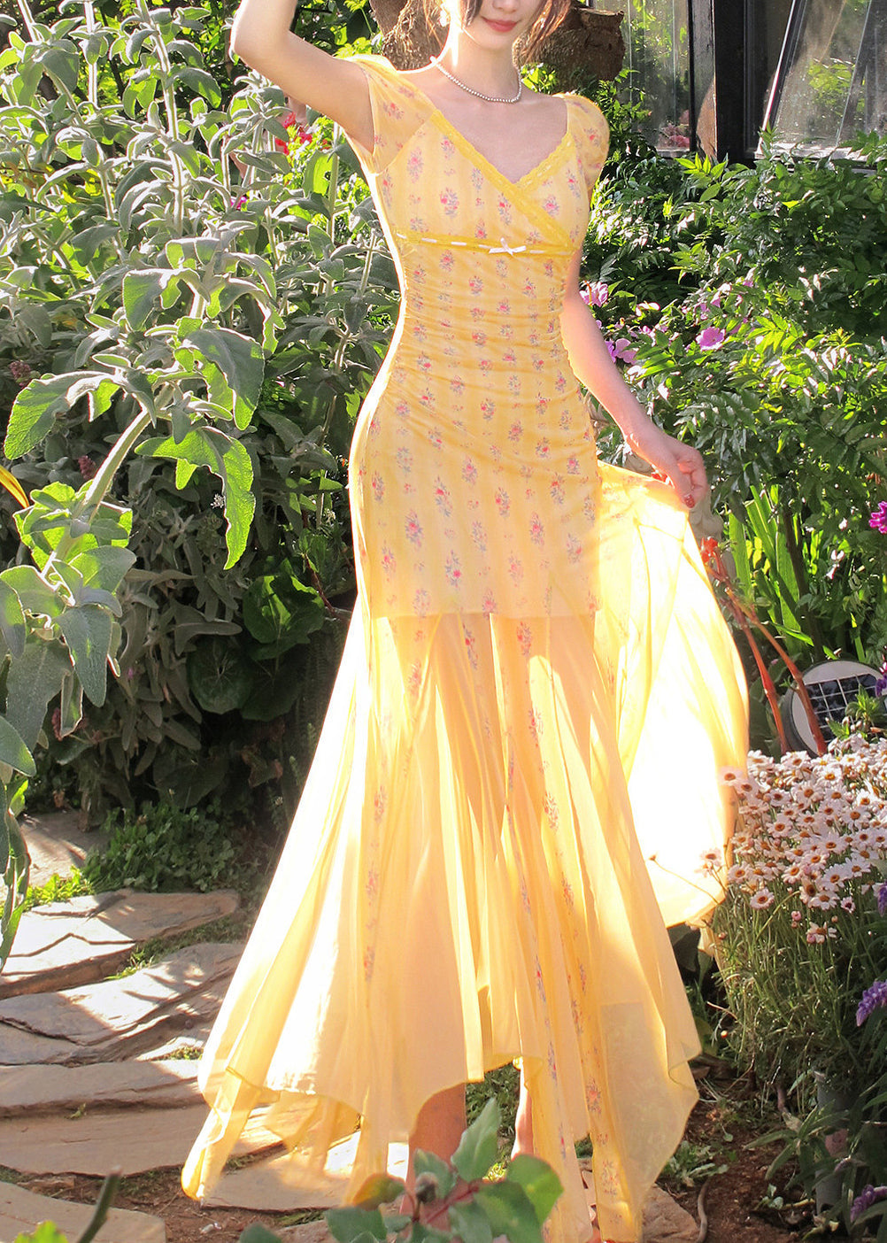 Novelty Yellow V Neck Print Long Dresses Short Sleeve