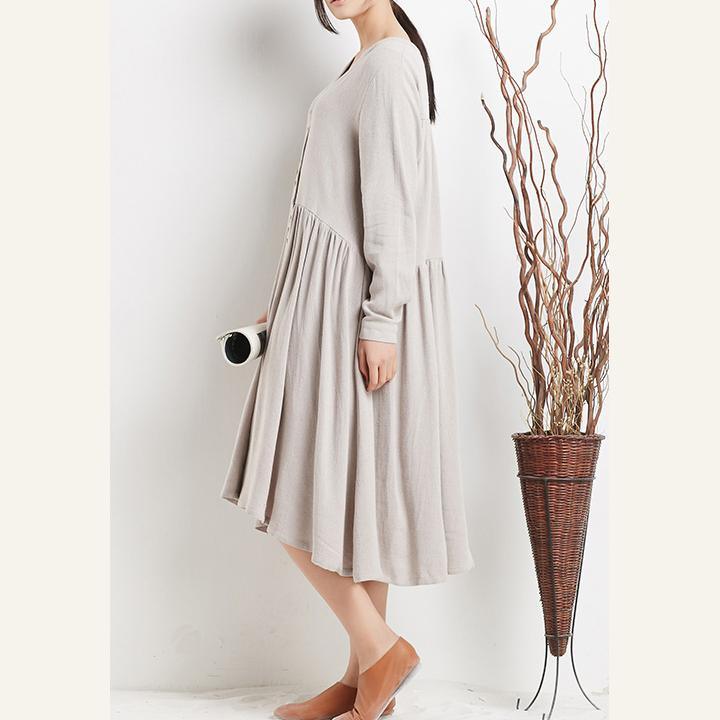 Nude linen dresses long sleeves fit flare sundresses oversize causal shirt dress