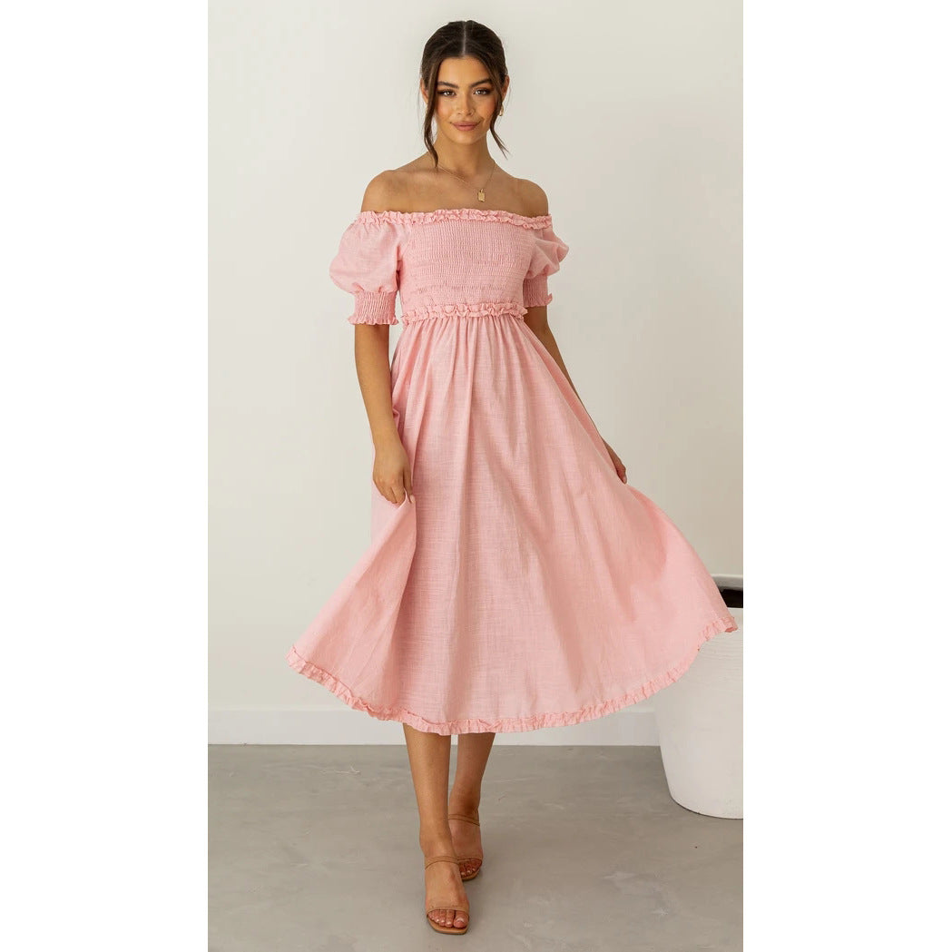 Lace Fresh Sweet Solid Color Mid - Length Dress