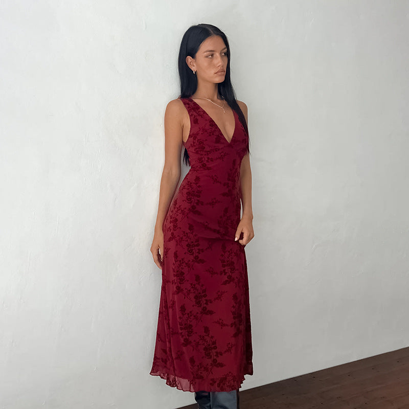 Fashionable Printed Vest V neck Dress Slim Fit Waist Slimming Maxi