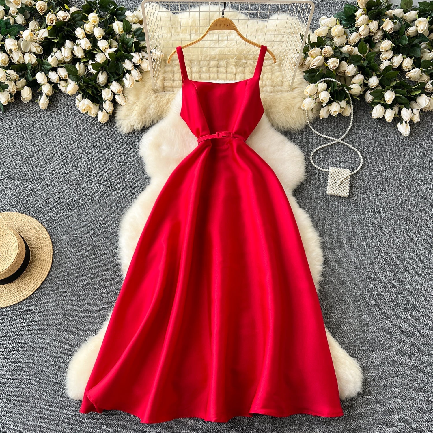 Simple A line Straps Red Holiday Dresses Midi Length Women's Dress