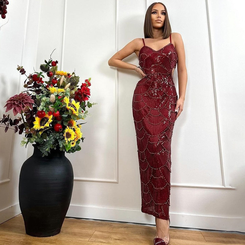 Sequin Beaded Strapless Slit Dress